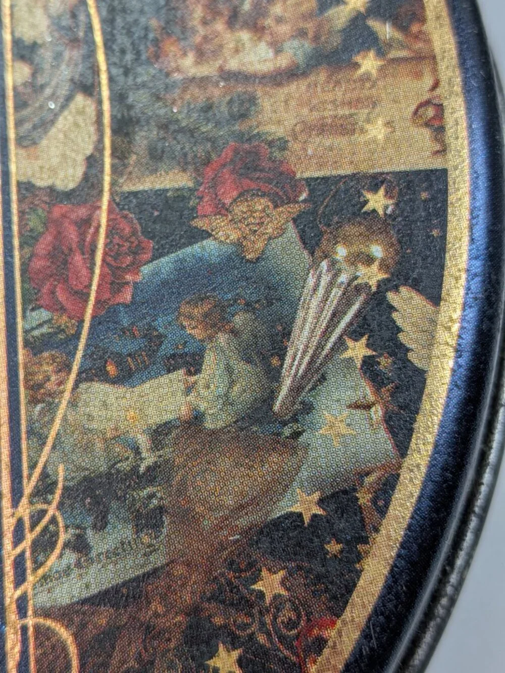 Vintage Victorian Angel Charity Tin Religious Gold Accent Gifted Line